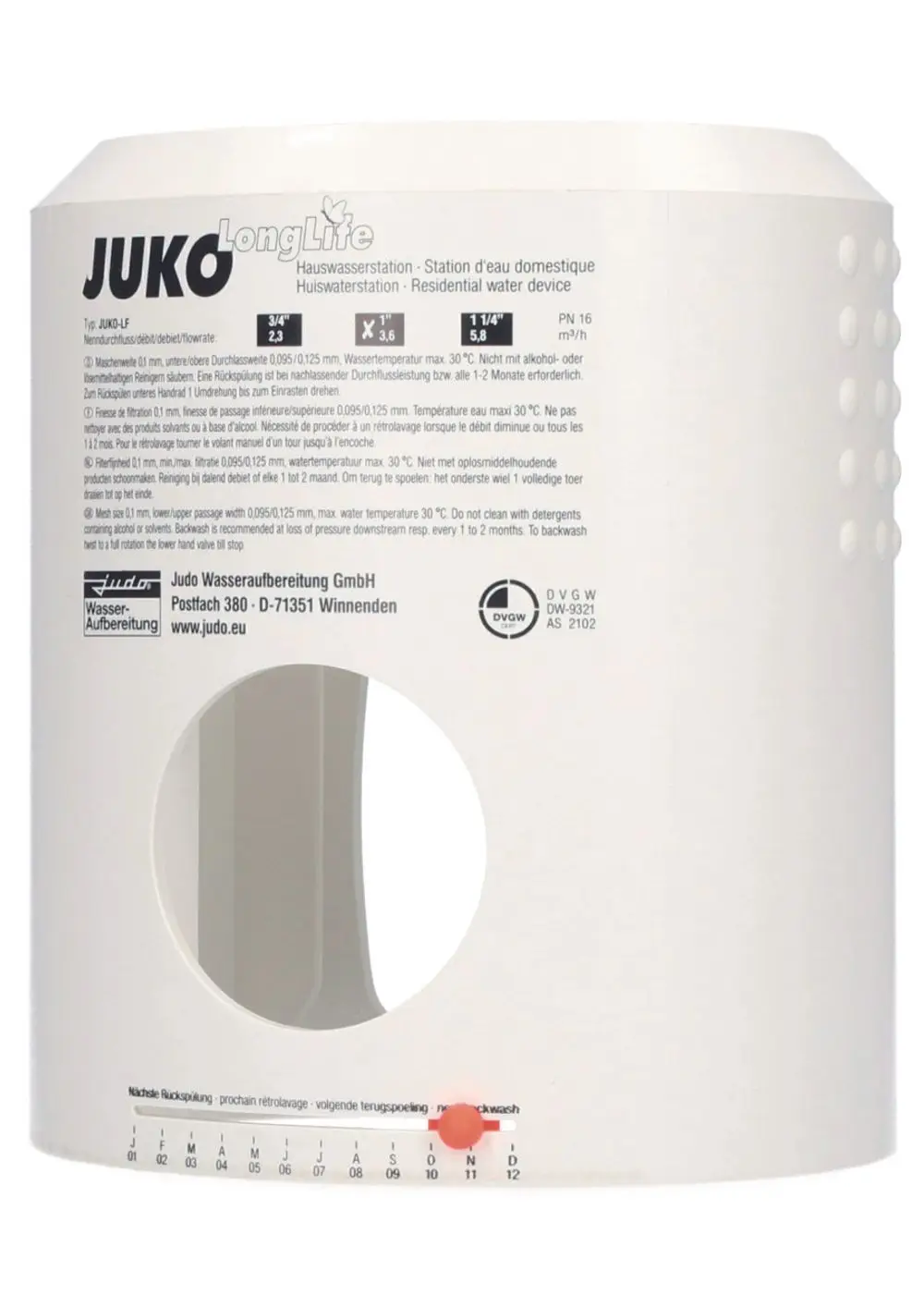 Judo Gehäusedeckel für Wassergerät, mit rundem Fenster und skaliertem Rückspülintervall, fünf Minuten und Monate entlang der unteren Kante markiert.